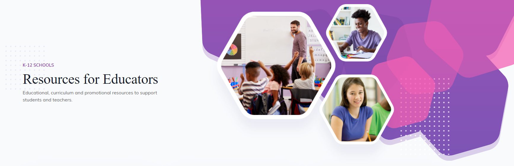 redesigned k-12 resource center screenshot - purple bubbles with lifestyle images