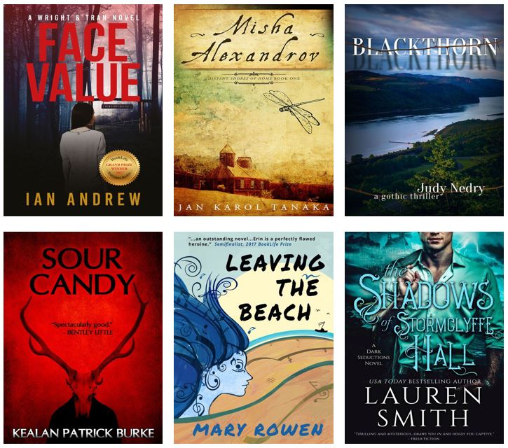 Spread of book covers: Face Value by Ian Andrew. Misha Alexandrov by Jan Karol Tanaka. Blackthorn by Judy Nedry. Sour Candy by Kealan Patrick Burke. Leaving the Beach by Mary Rowen. The Shadows of Stormclyffe Hall by Lauren Smith.