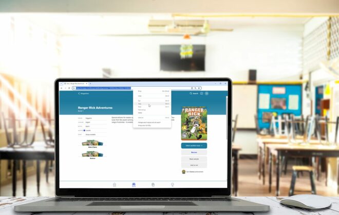 The power of a direct link: How to connect students with digital books in Sora. Image: Laptop in a classroom displaying a title details page in Sora, with the book URL selected to be copied.