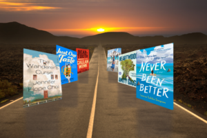 A long road that disappears into the distance with several book covers featured.
