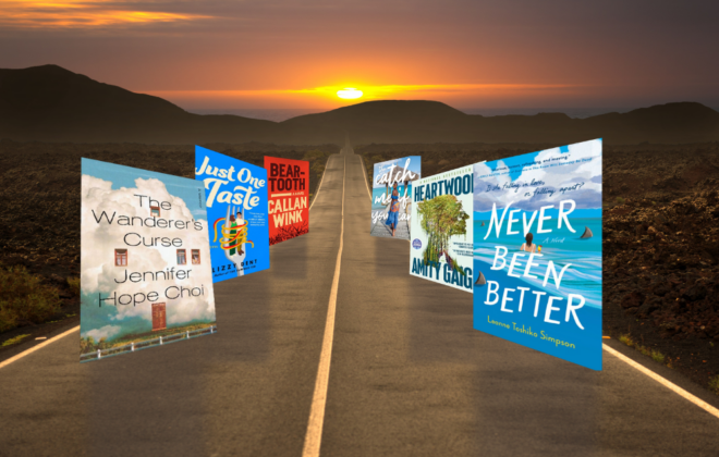 A long road that disappears into the distance with several book covers featured.