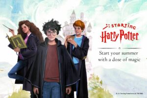 Picture of Harry Potter and other characters with a castle in the background.