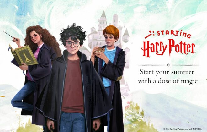 Picture of Harry Potter and other characters with a castle in the background.