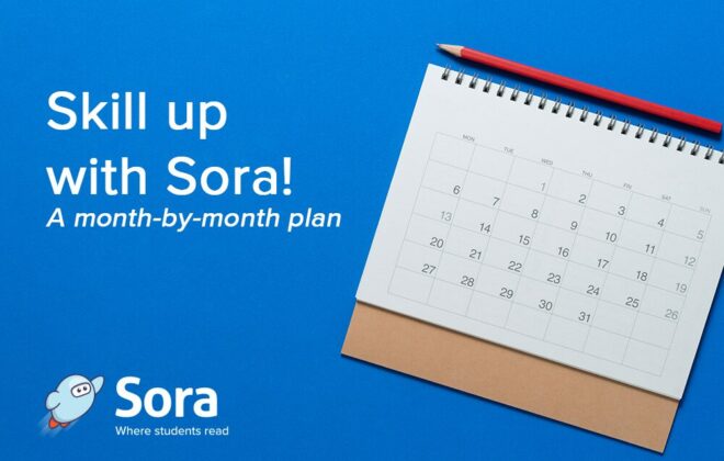 Skill up with Sora feature image, which includes a blank calendar and a white text overlay against a blue background. Includes a white version of the Sora logo and wordmark.