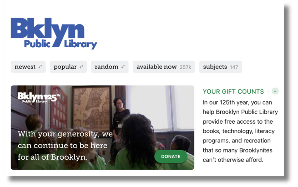 Screenshot from Brooklyn Public Library's fundraising campaign 