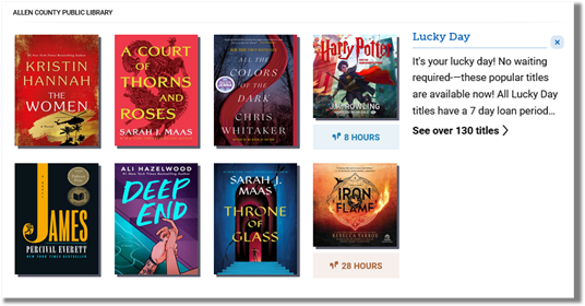 Screenshot of Allen County Public Library's Luck Day feature
