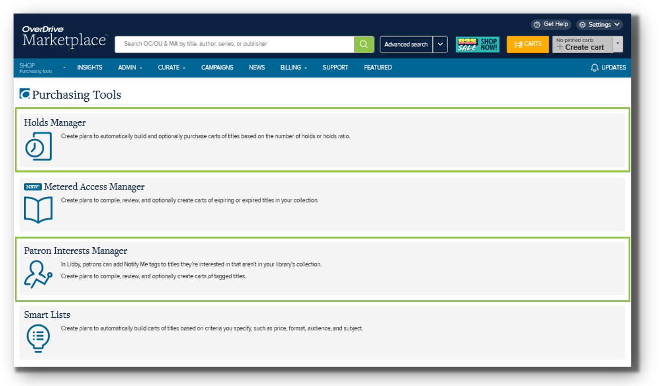 Screenshot of purchasing tool screen in marketplace