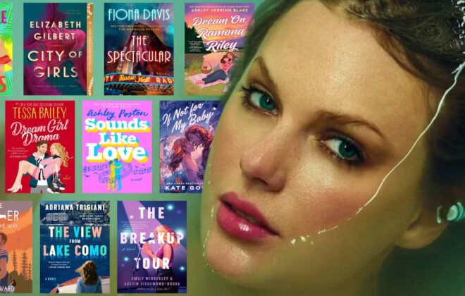 The Life of a Showgirl Reads blog cover, featuring several titles and an image of Taylor Swift from her recent album cover.