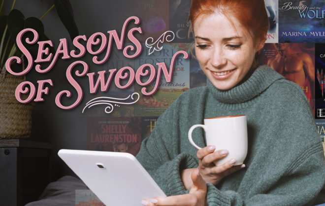 A Caucasian, red-haired women holding a white mug and holding an e-reader wearing a green turtleneck sweater. Text on photo "Seasons of Swoon"