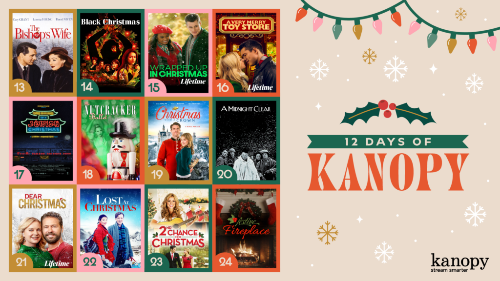 Social media graphic detailing the 12 Days of Kanopy calendar