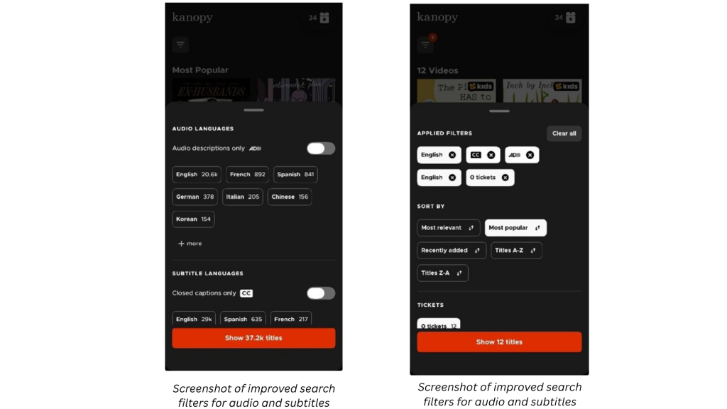 Screenshot of improved search filters for audio and subtitles
